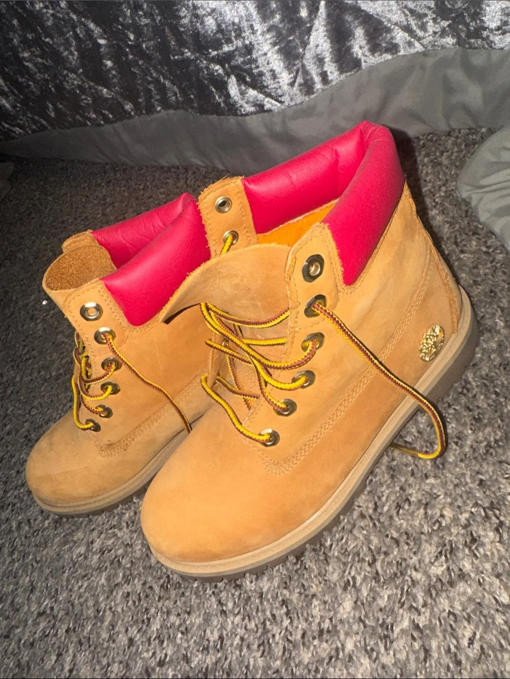 Timberland Wheat and Red Leather Lace-Up Boots